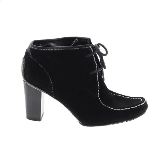 NINE WEST Suede Moccasin Ankle Boot Bootie Black Chunky Heel Leather Size 5.5 - Picture 1 of 13